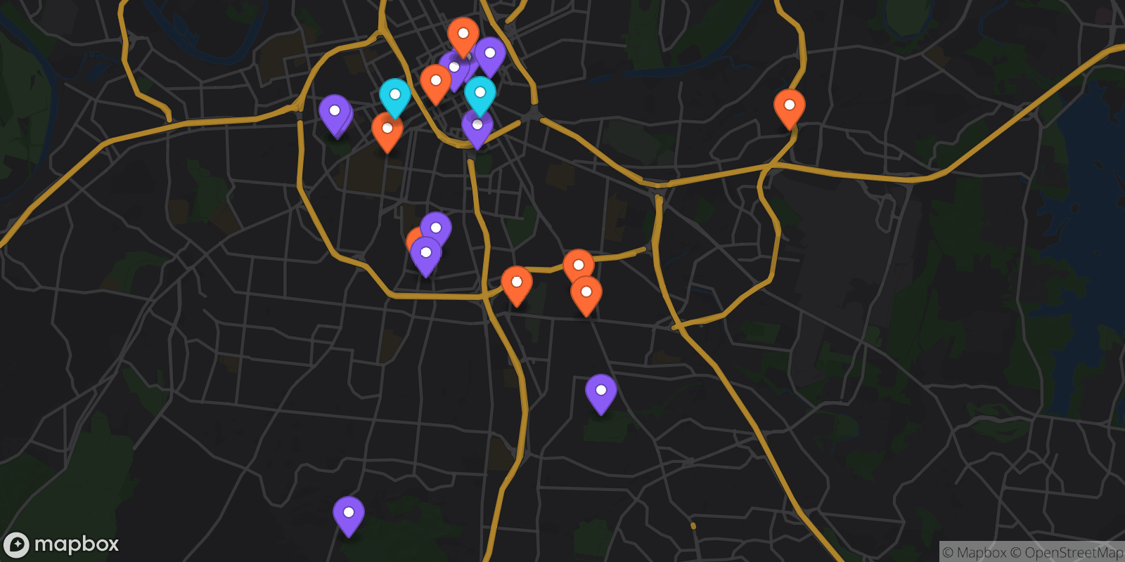 Map showing 21 locations