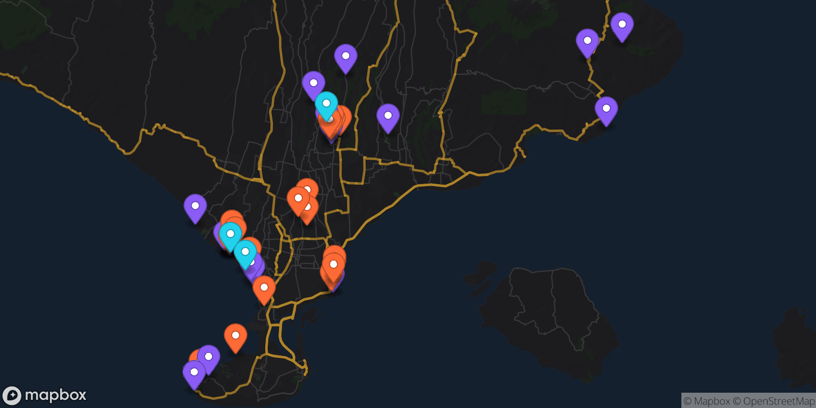 Map showing 43 locations