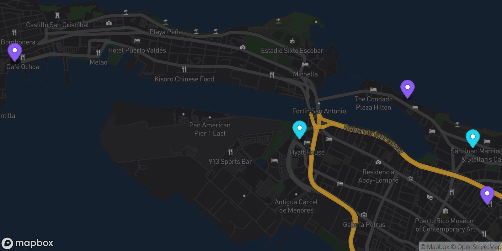 Map showing 6 locations