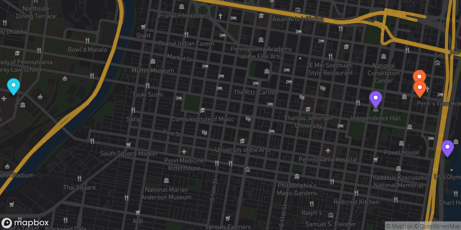 Map showing 5 locations