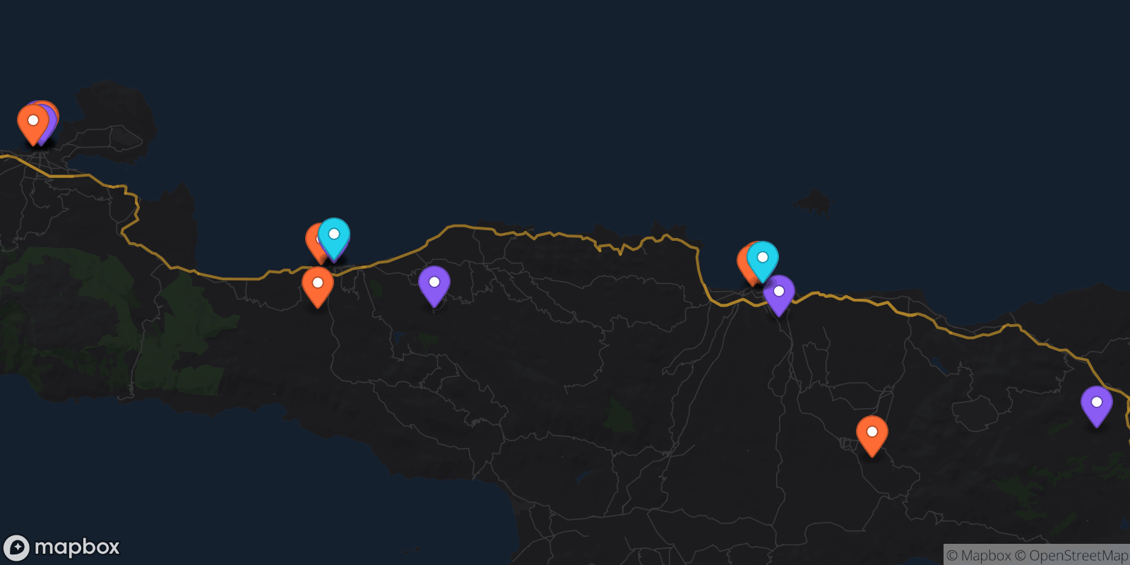 Map showing 25 locations