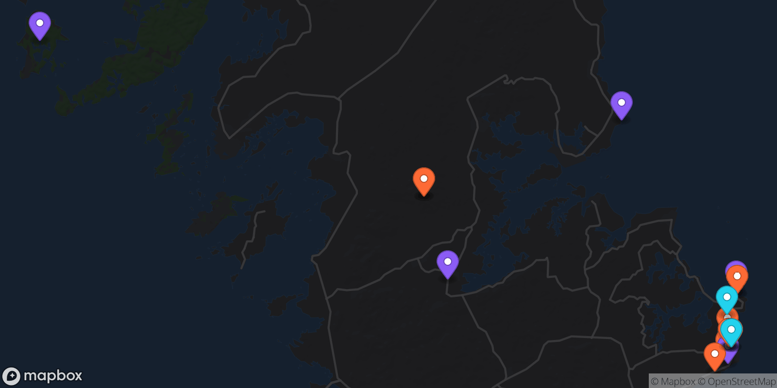 Map showing 18 locations