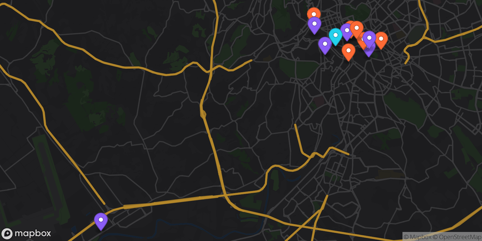 Map showing 13 locations