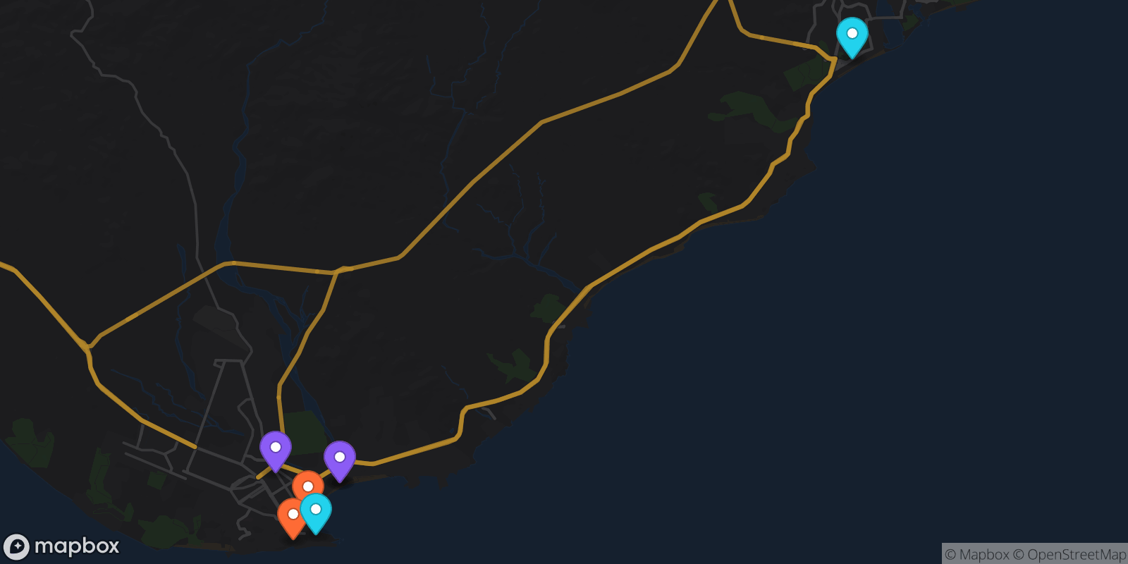 Map showing 7 locations