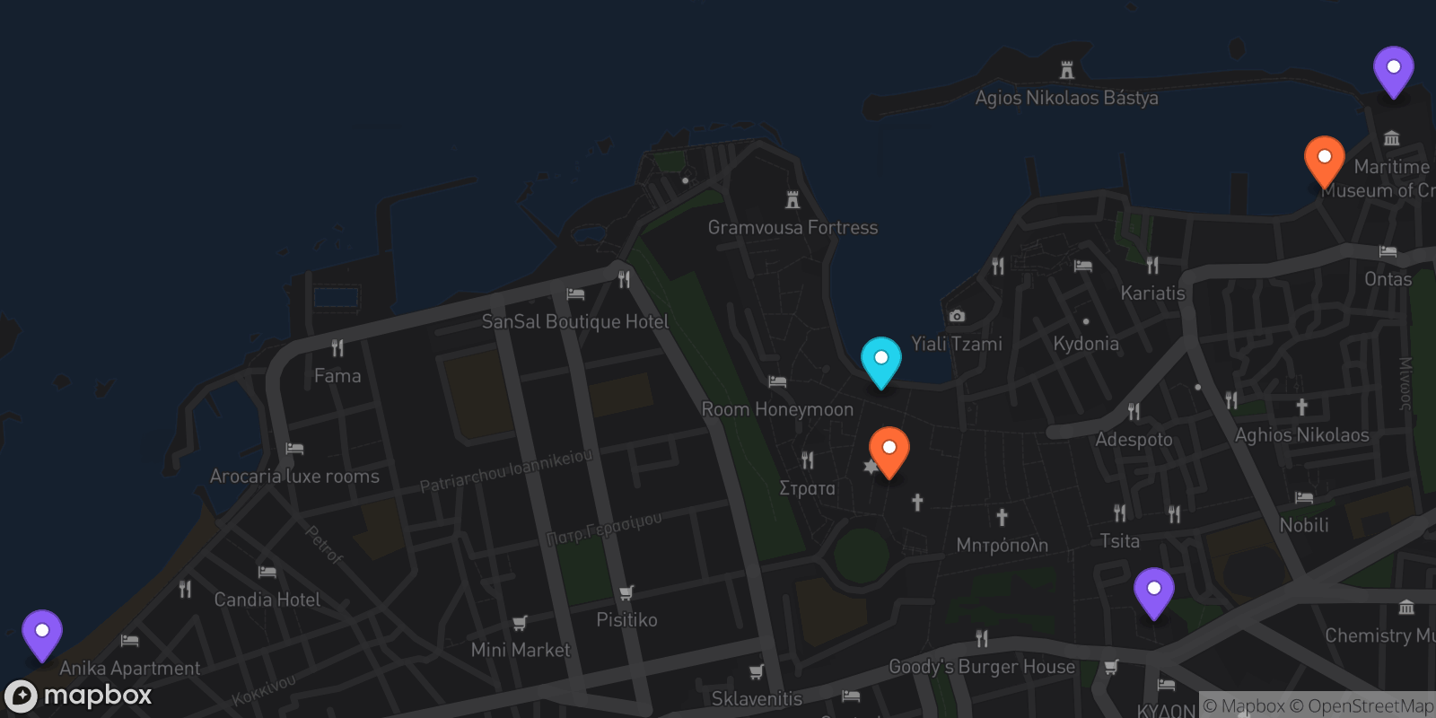 Map showing 6 locations
