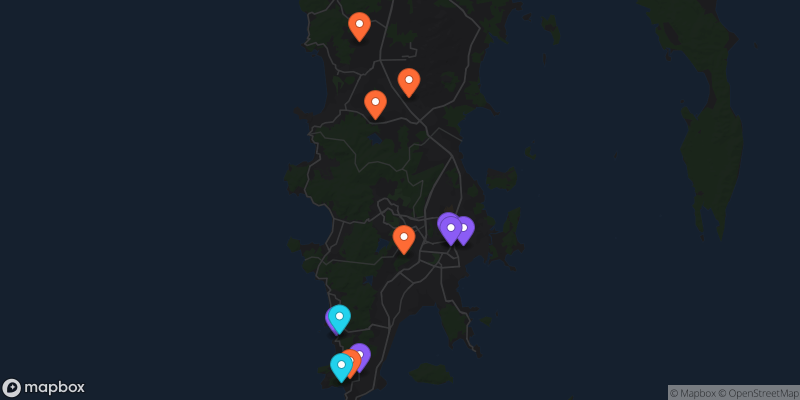 Map showing 13 locations