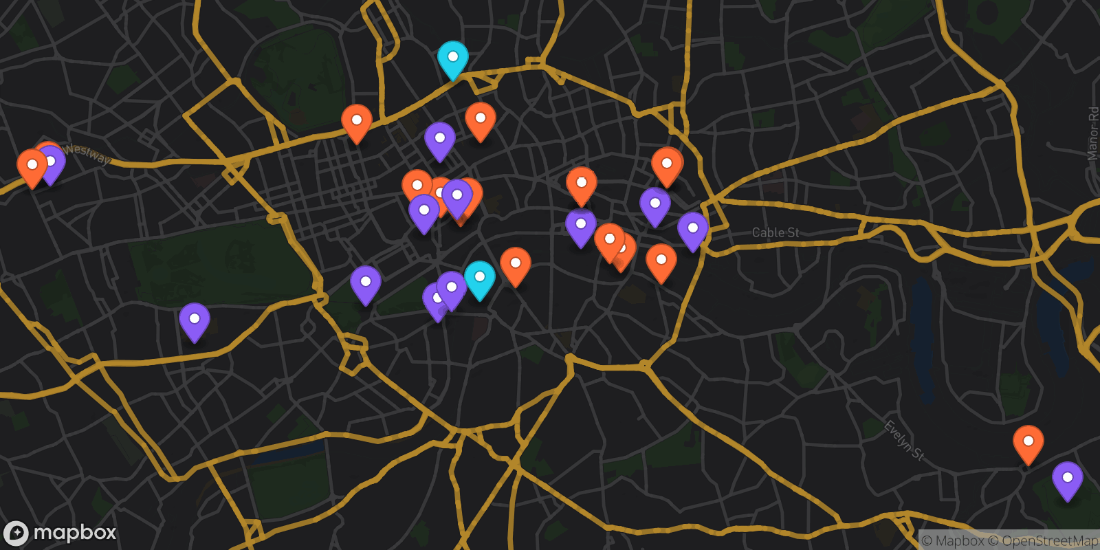 Map showing 31 locations