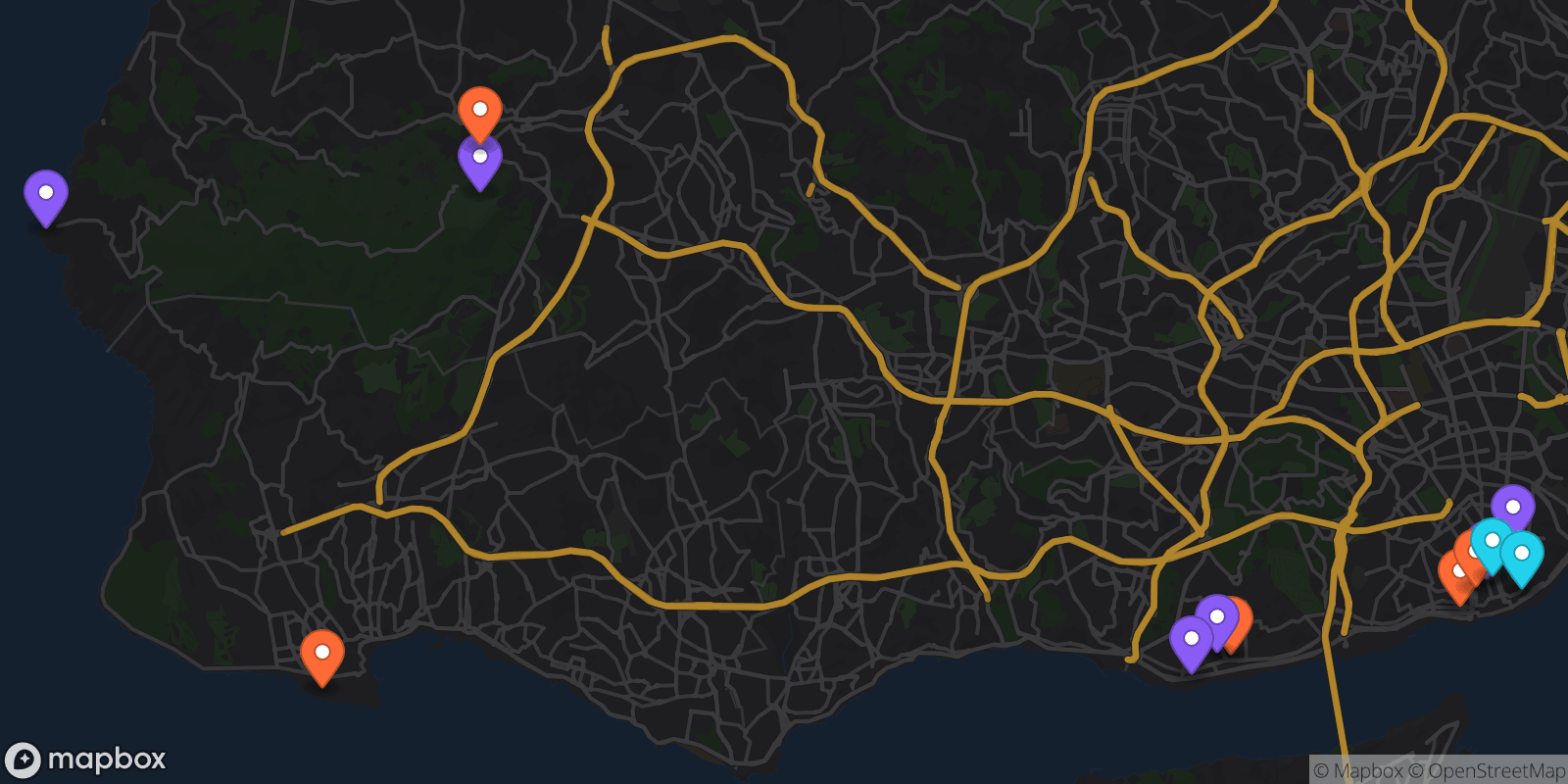 Map showing 13 locations