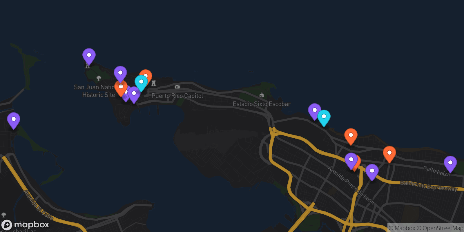 Map showing 16 locations