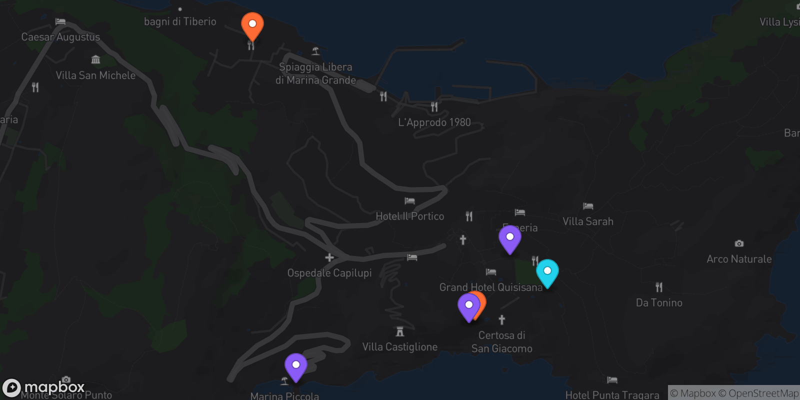 Map showing 6 locations
