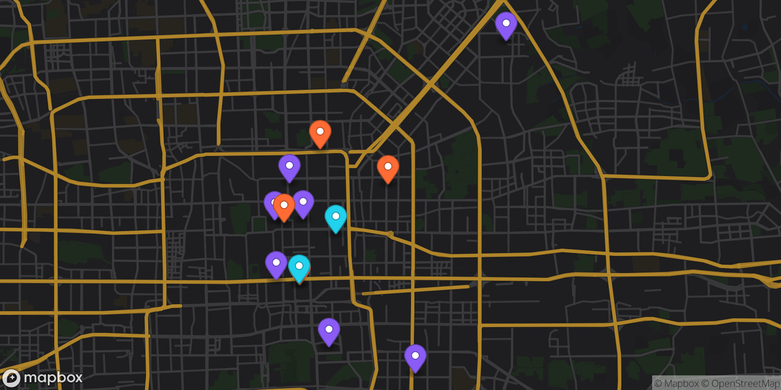 Map showing 13 locations
