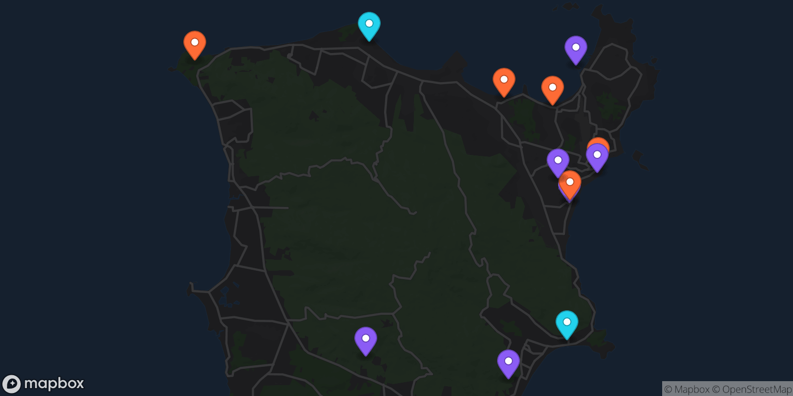 Map showing 13 locations
