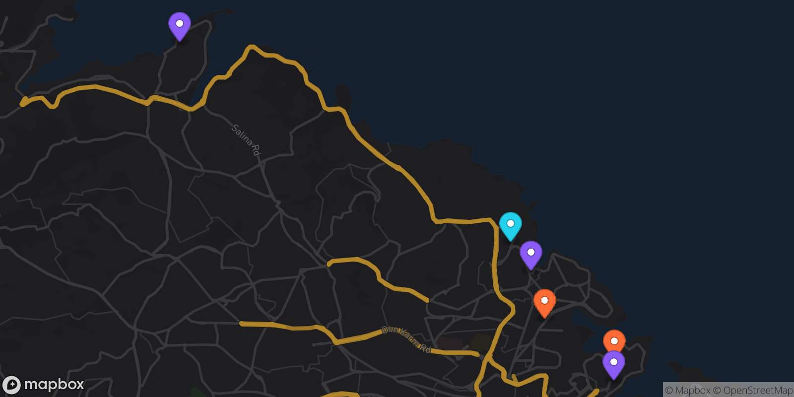 Map showing 6 locations