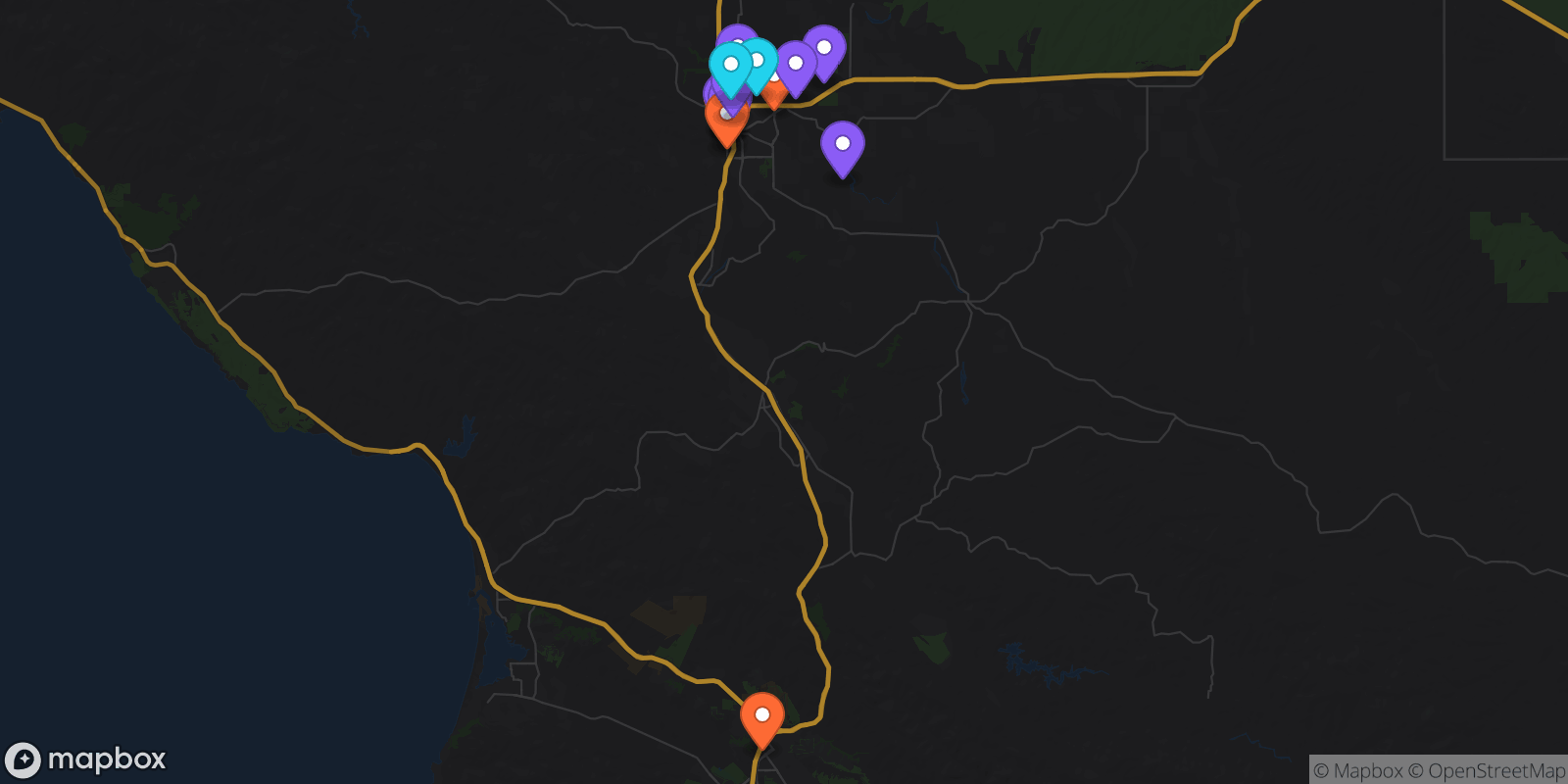 Map showing 16 locations