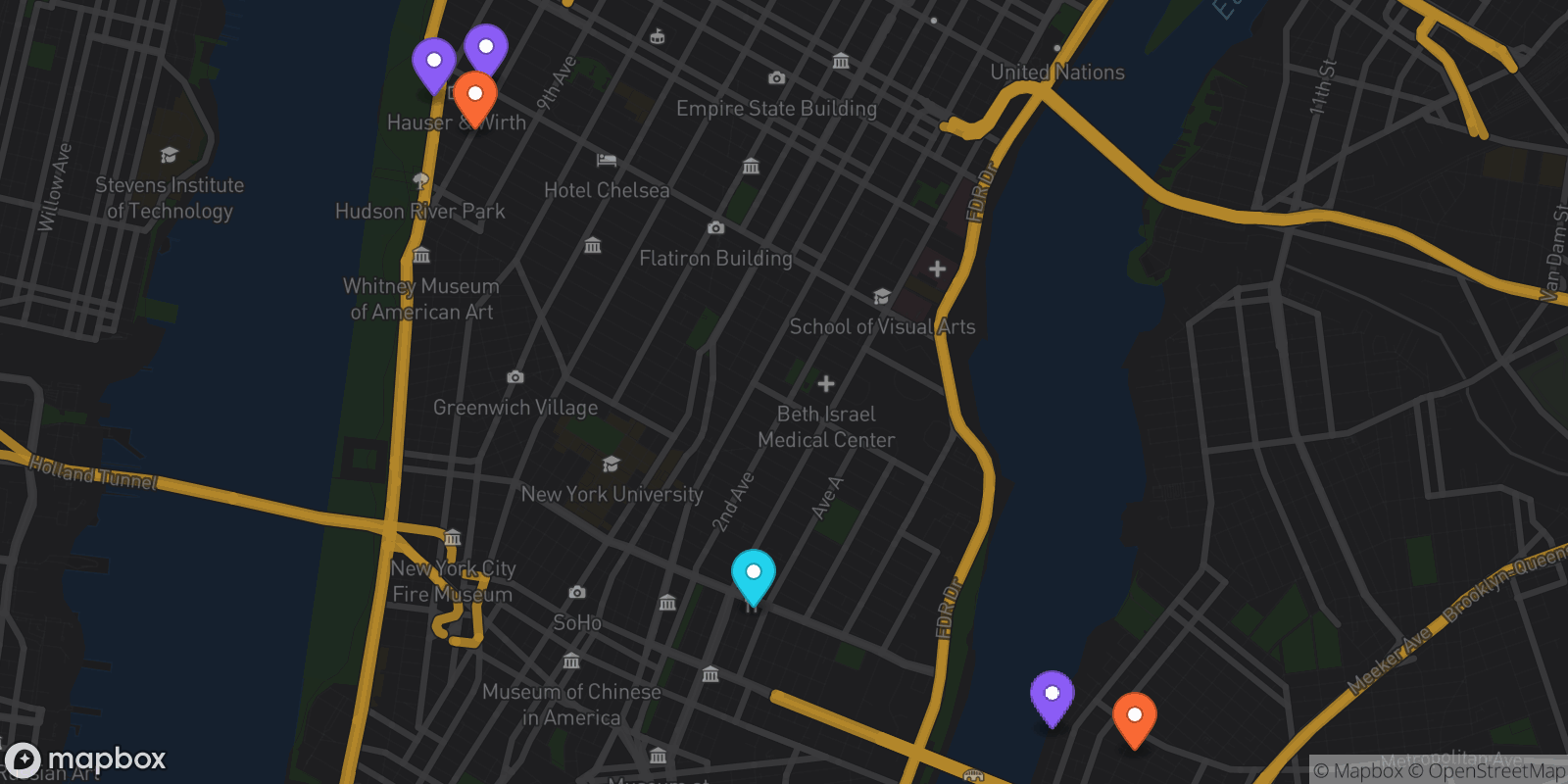 Map showing 6 locations
