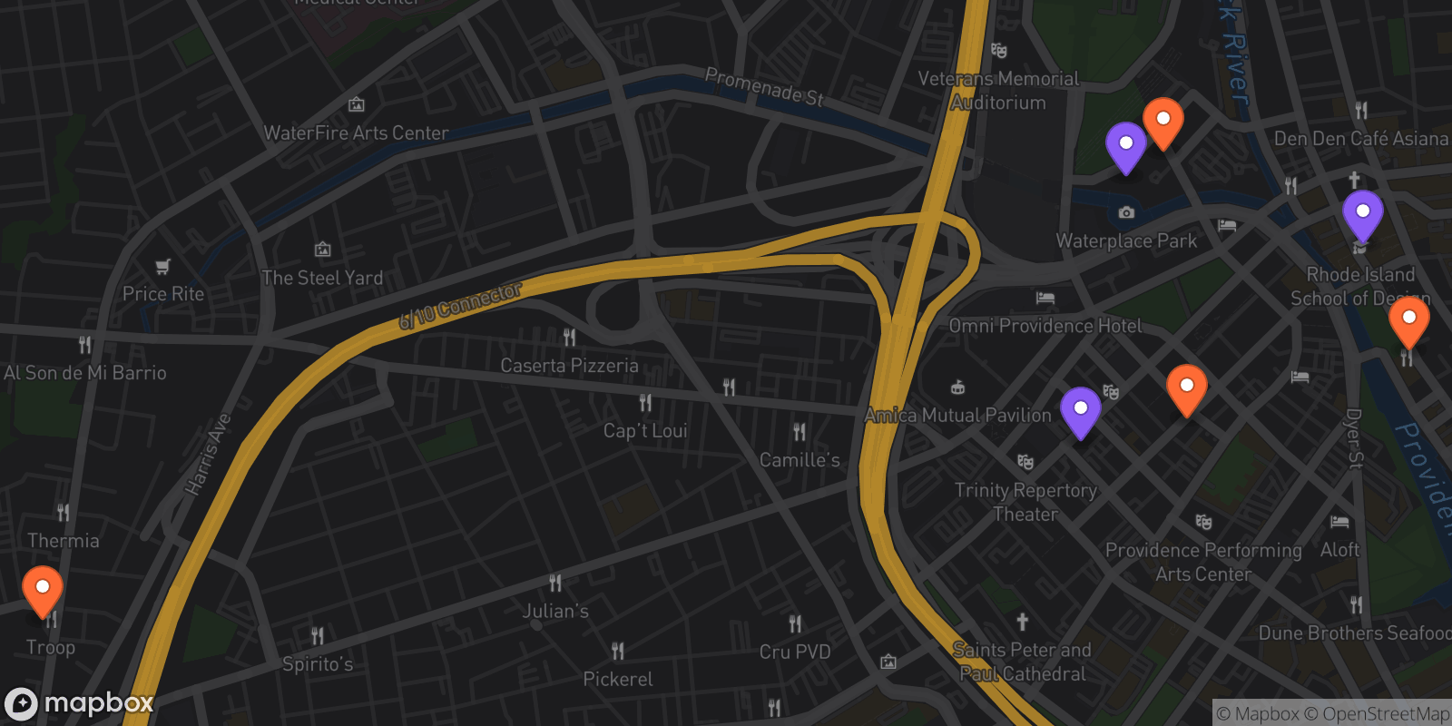 Map showing 7 locations