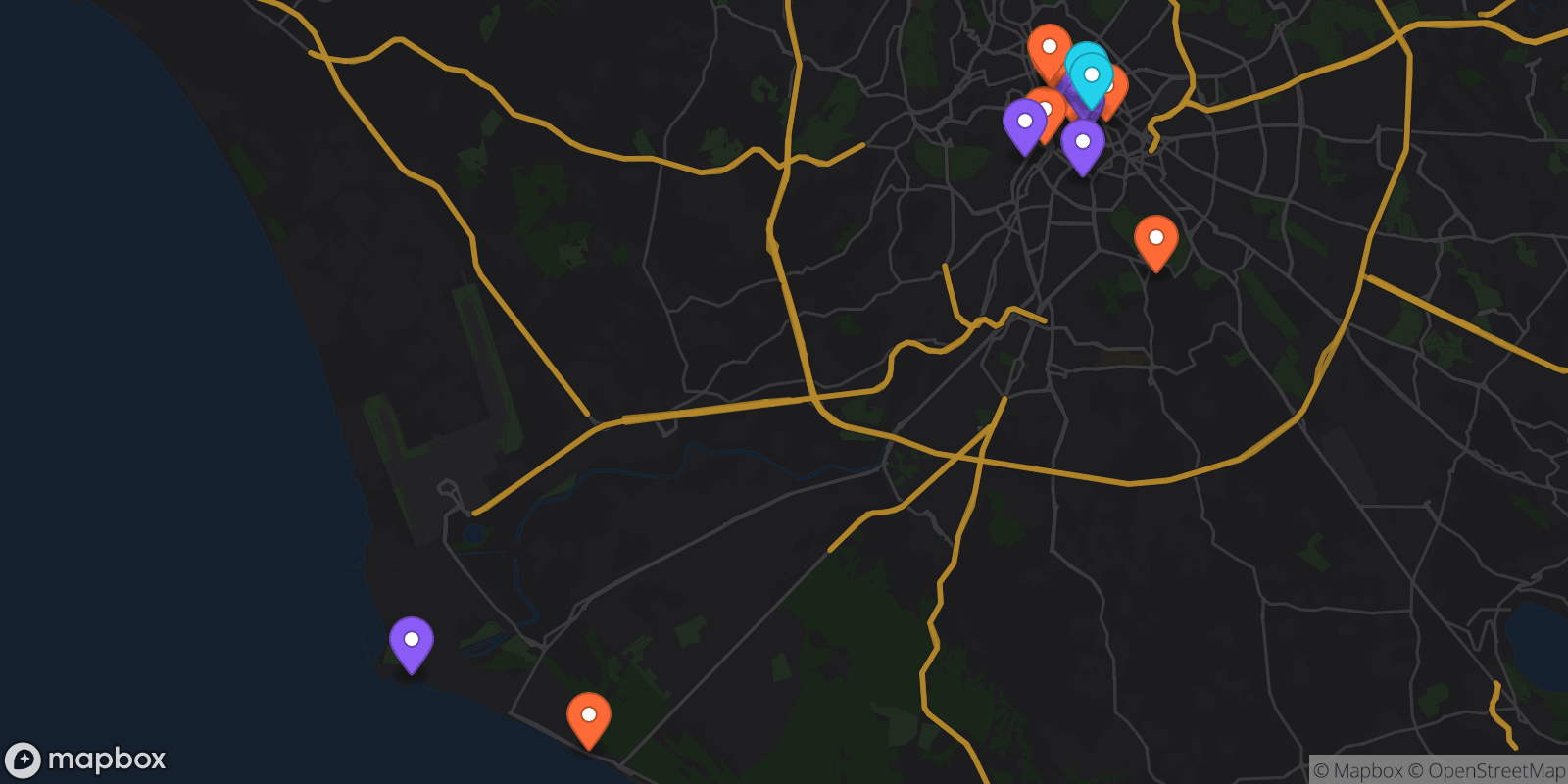 Map showing 15 locations