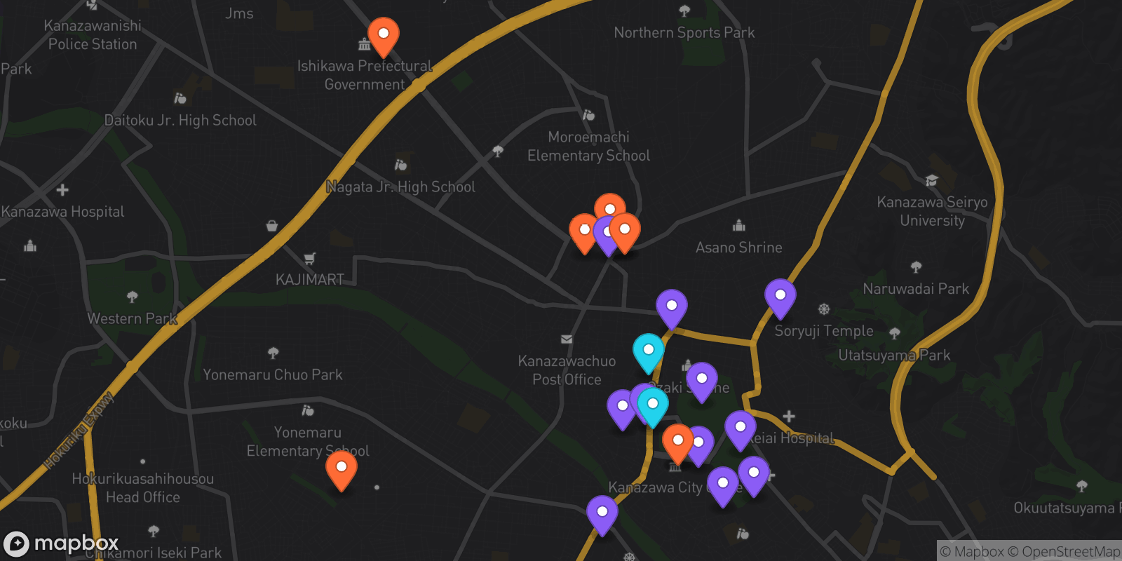 Map showing 21 locations