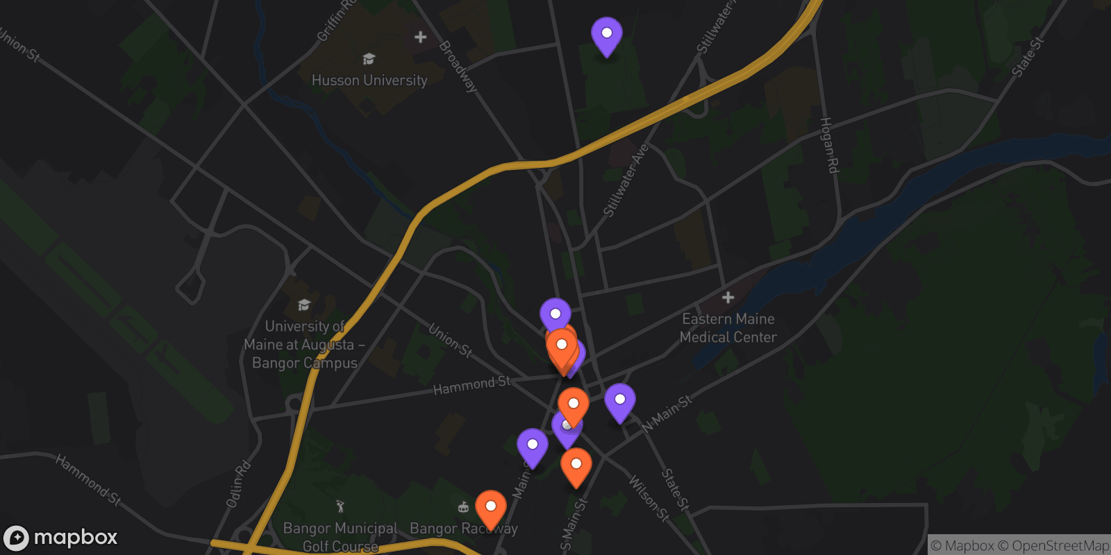 Map showing 13 locations