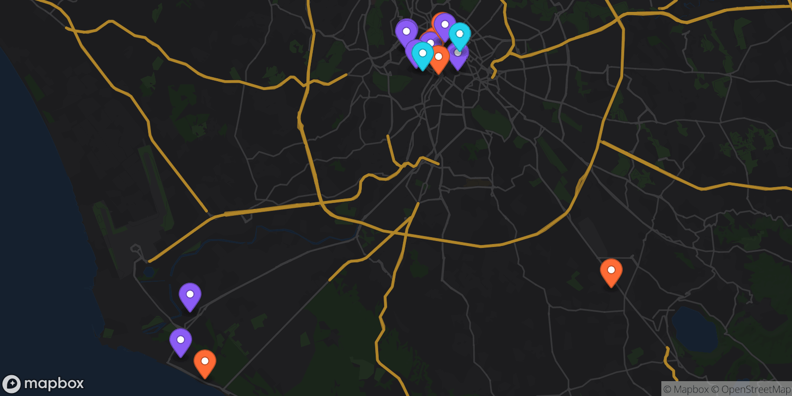 Map showing 16 locations