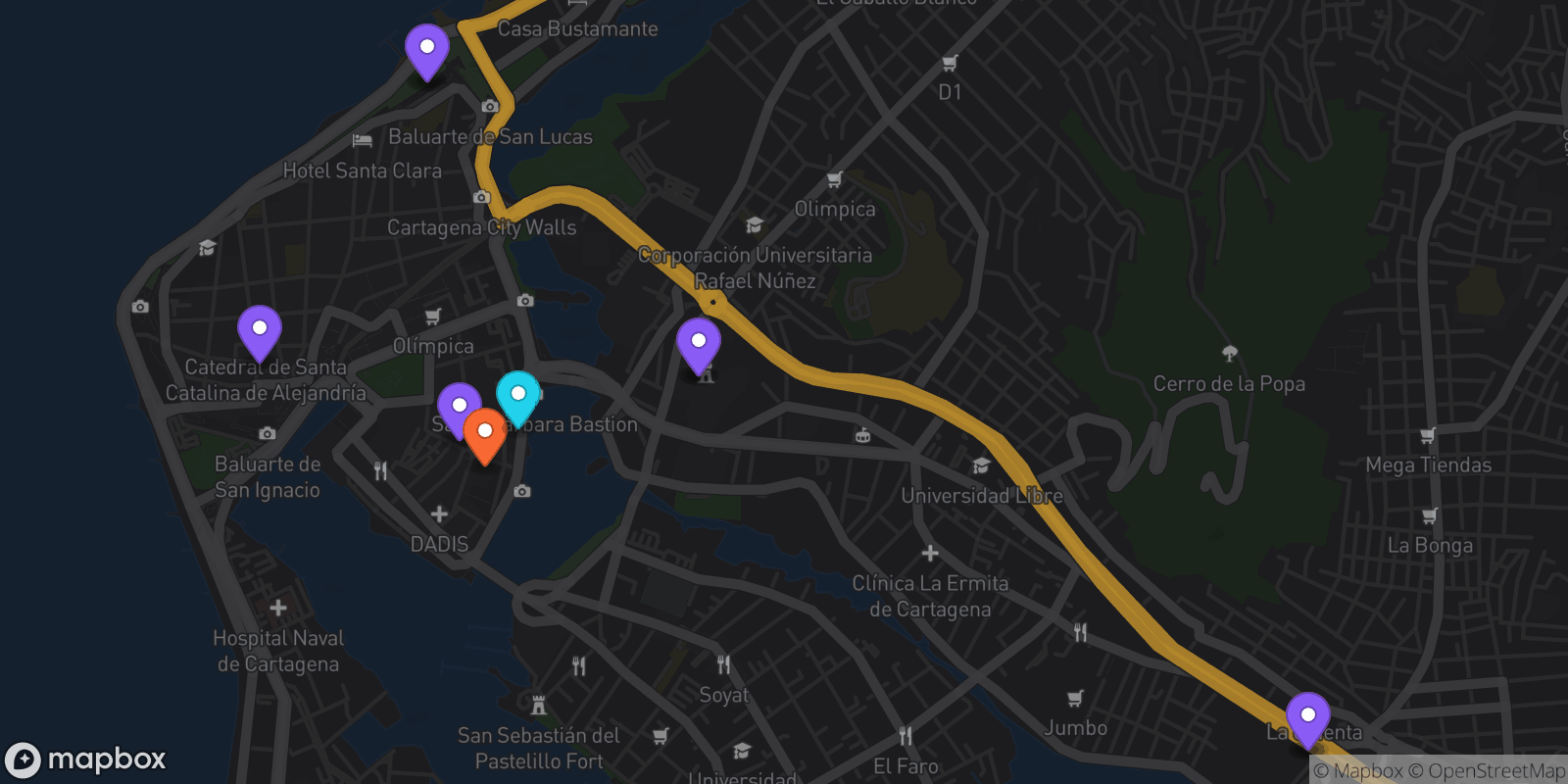 Map showing 10 locations