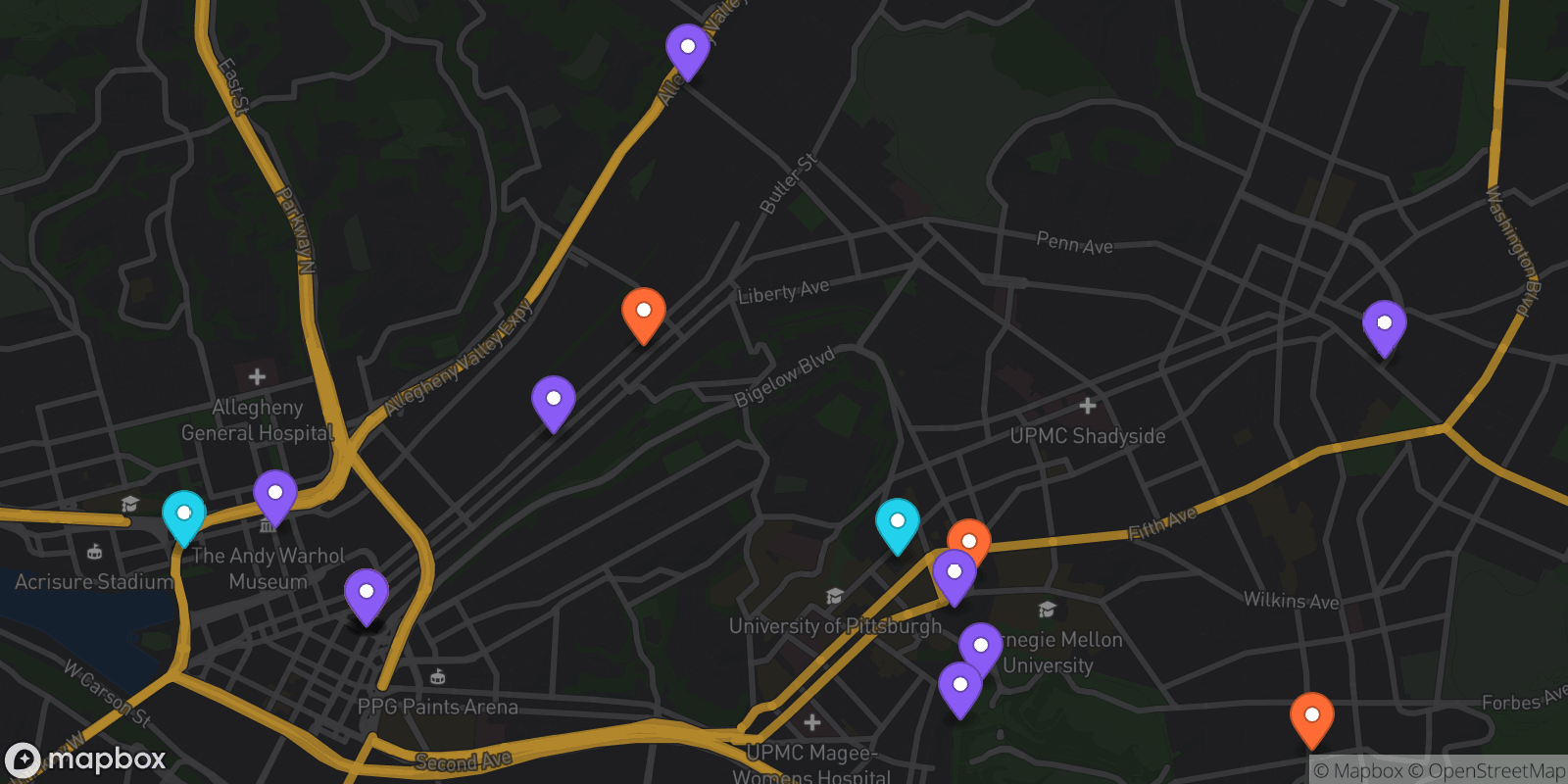 Map showing 16 locations