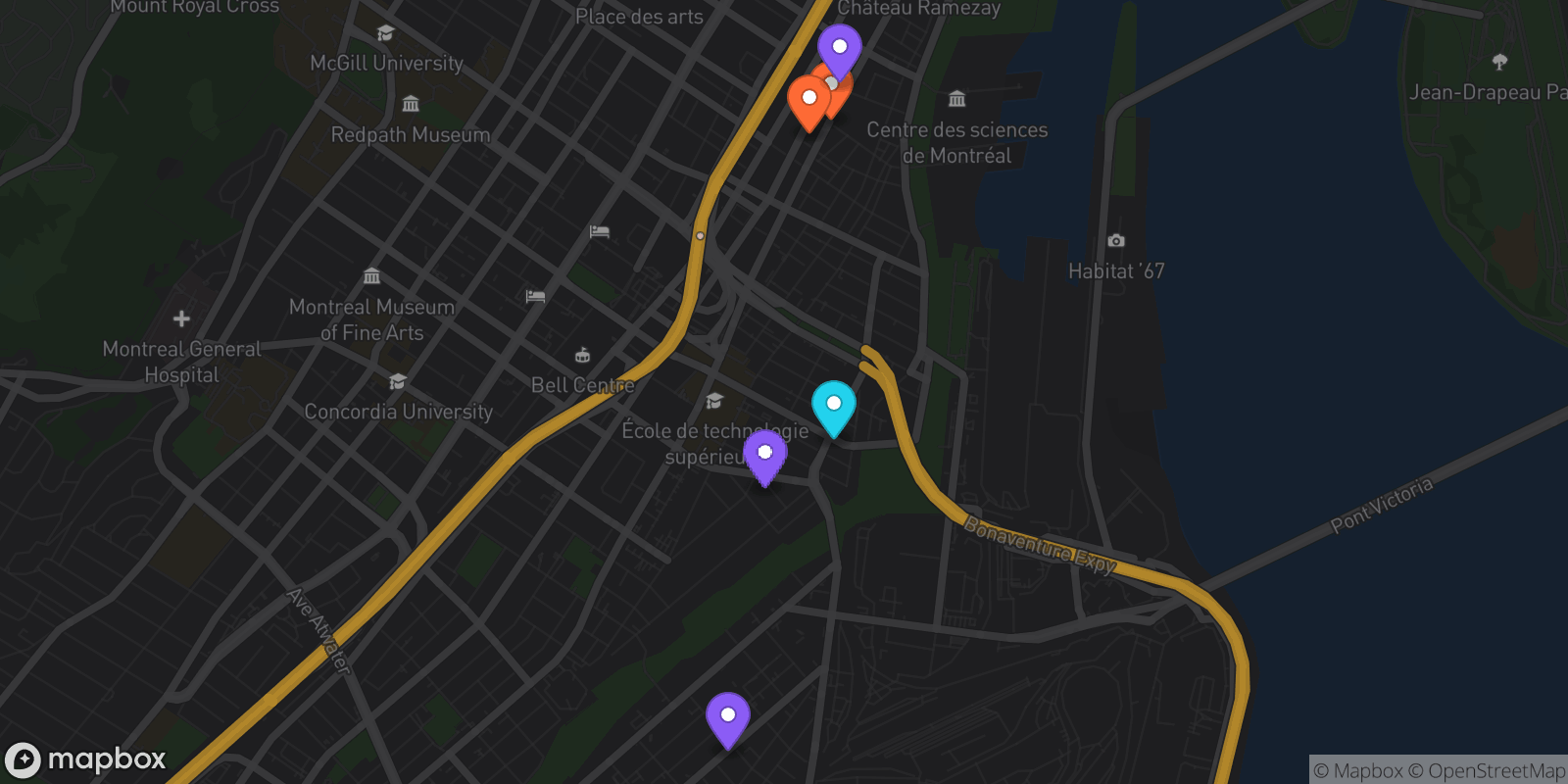 Map showing 6 locations