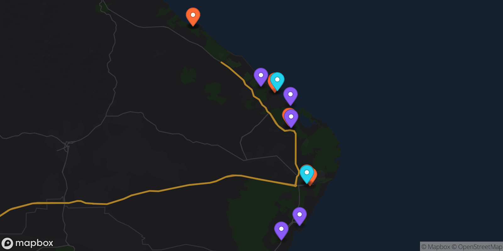 Map showing 15 locations