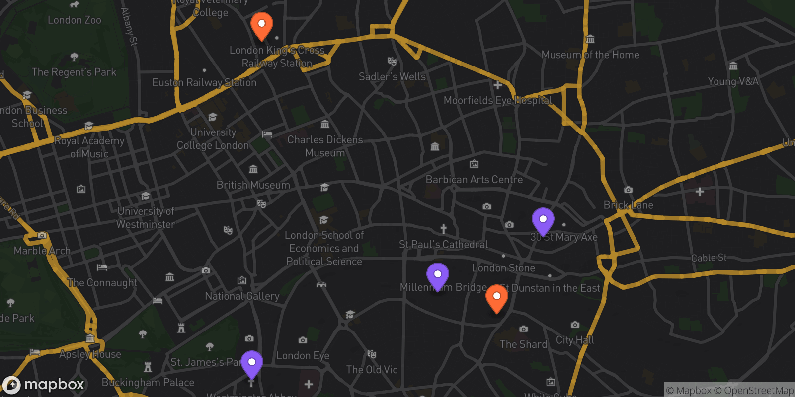 Map showing 5 locations