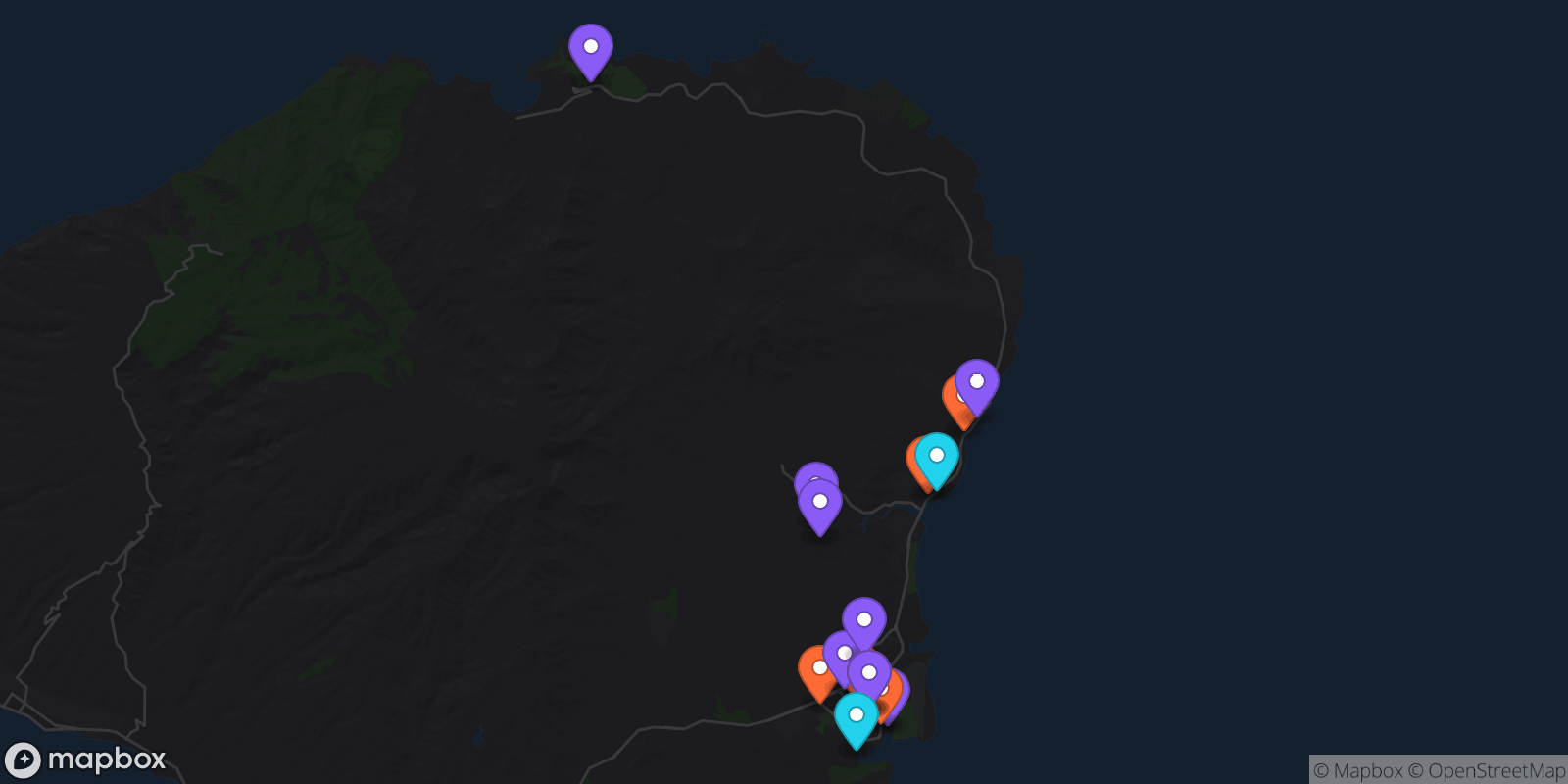 Map showing 18 locations