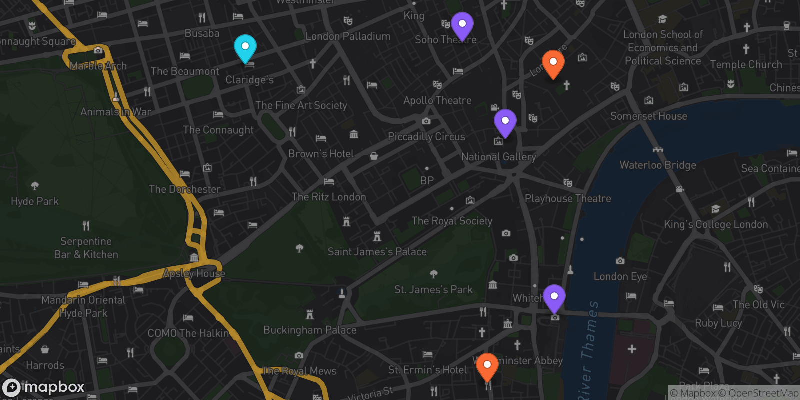 Map showing 6 locations