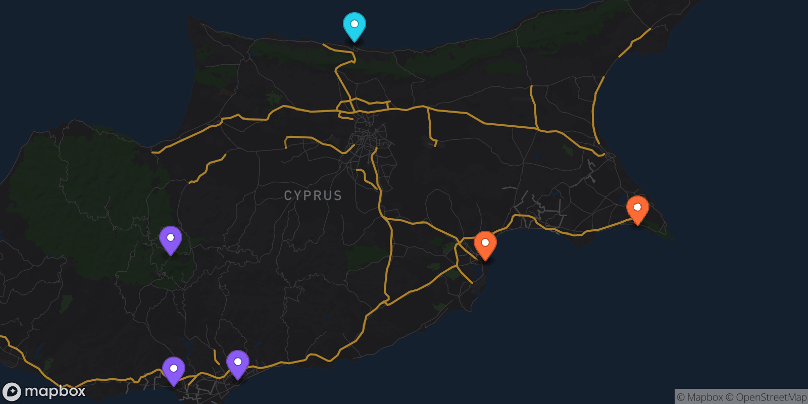 Map showing 9 locations