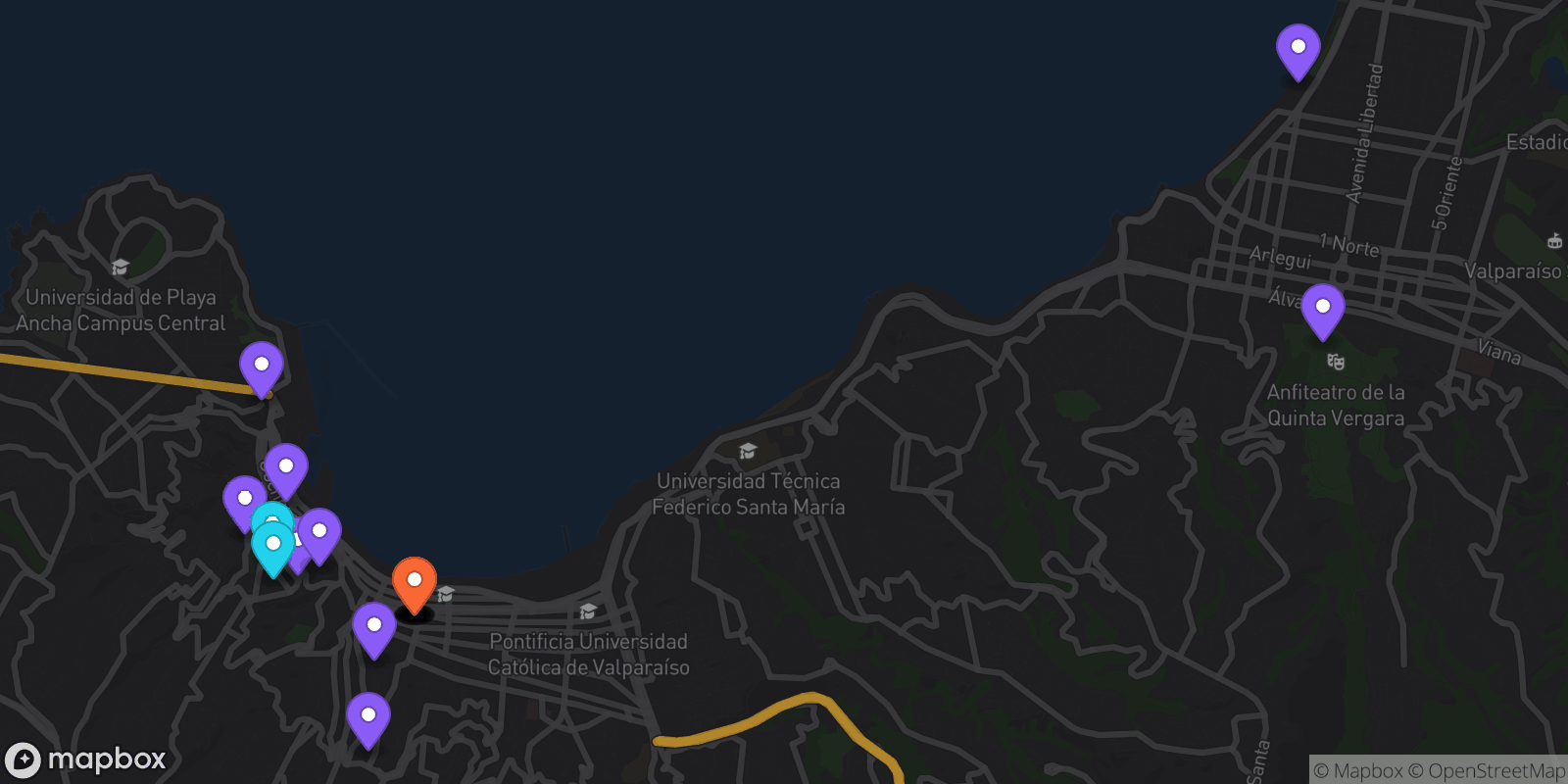 Map showing 21 locations