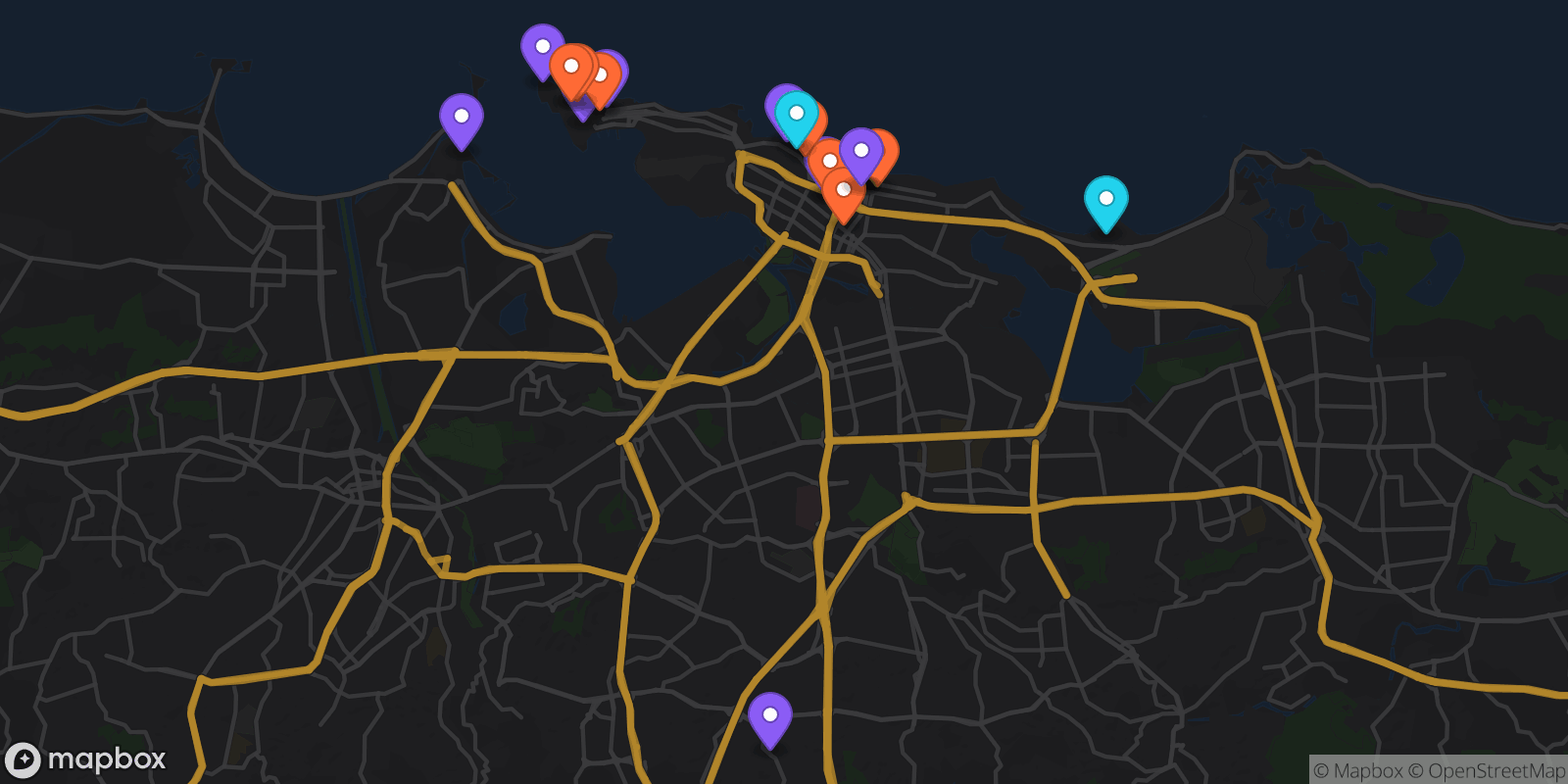 Map showing 19 locations