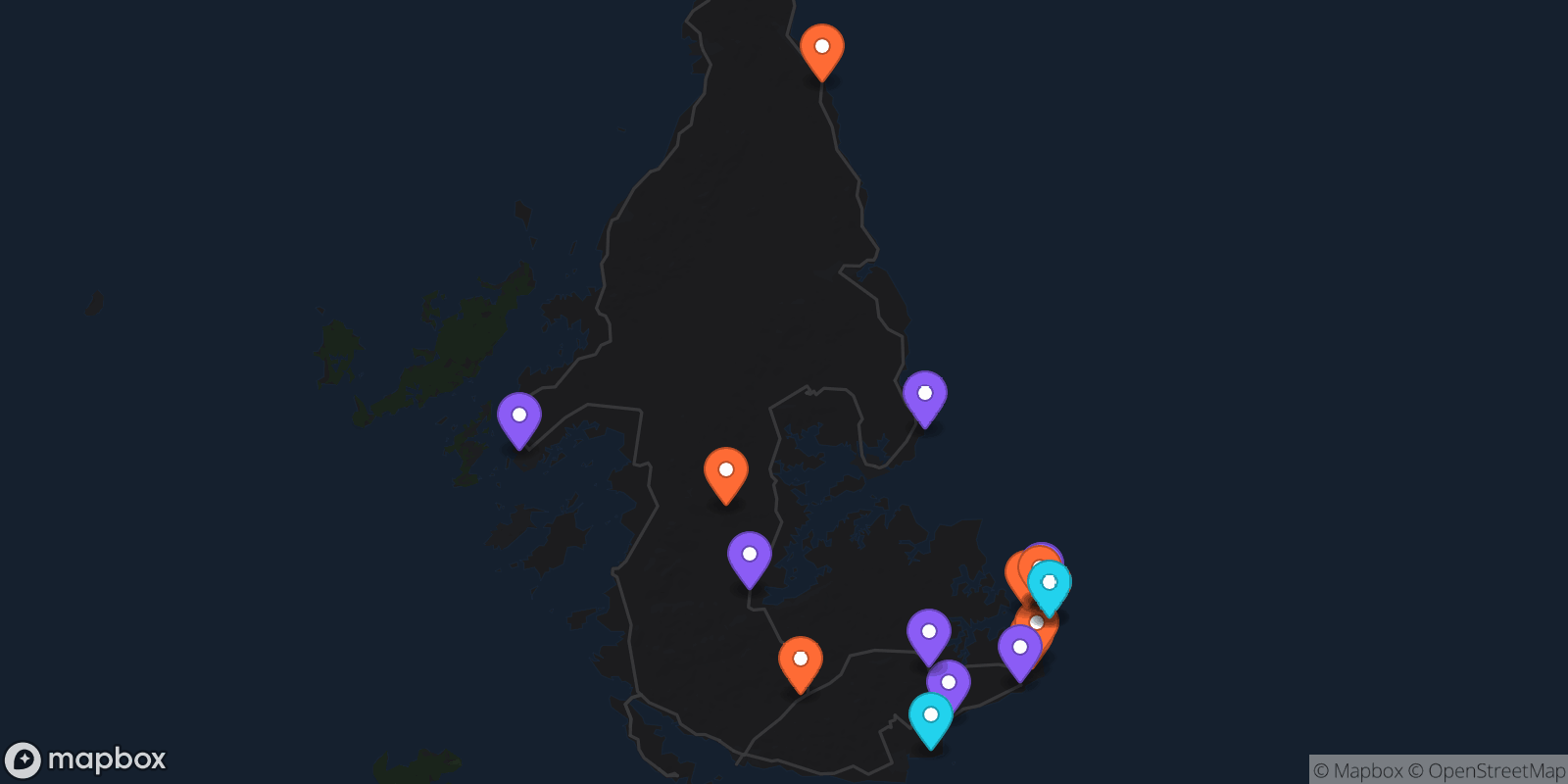 Map showing 19 locations