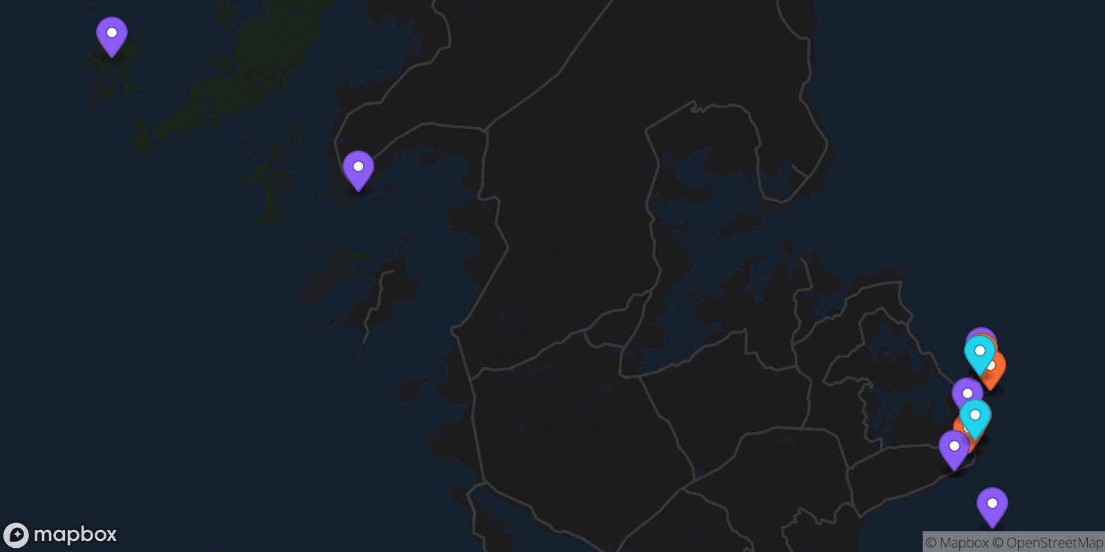 Map showing 18 locations