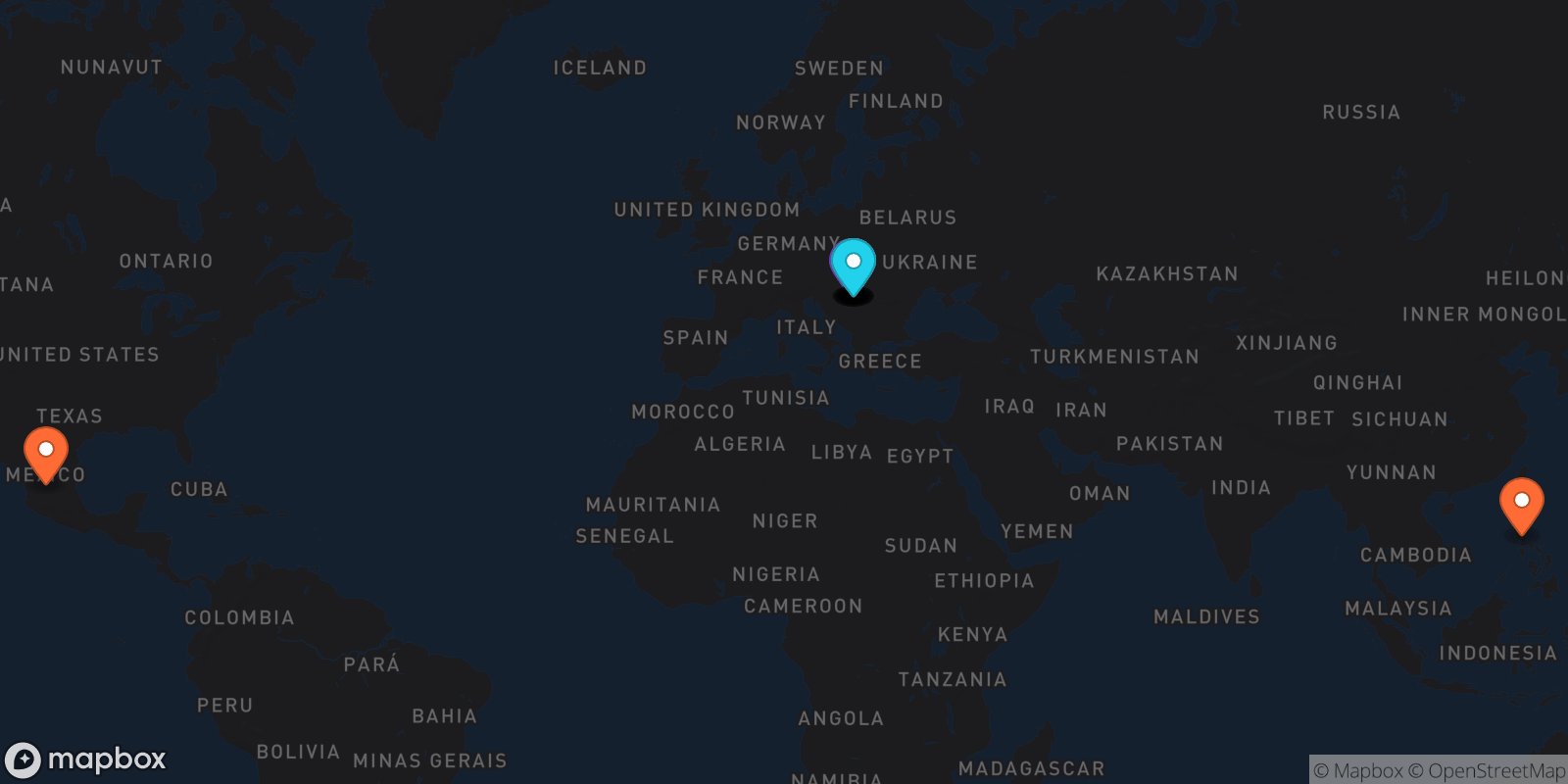 Map showing 13 locations