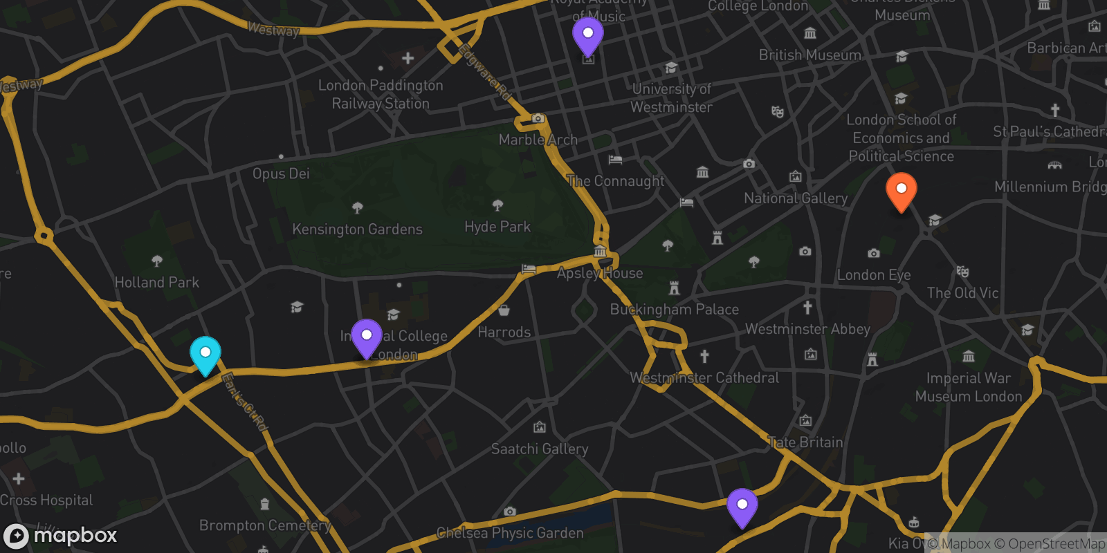 Map showing 6 locations