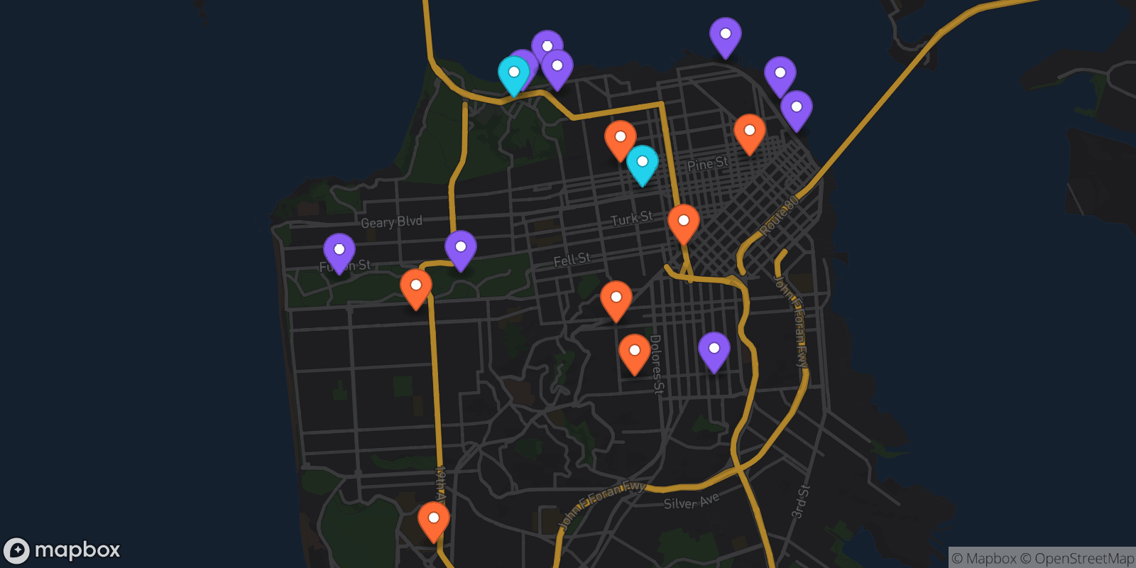 Map showing 18 locations