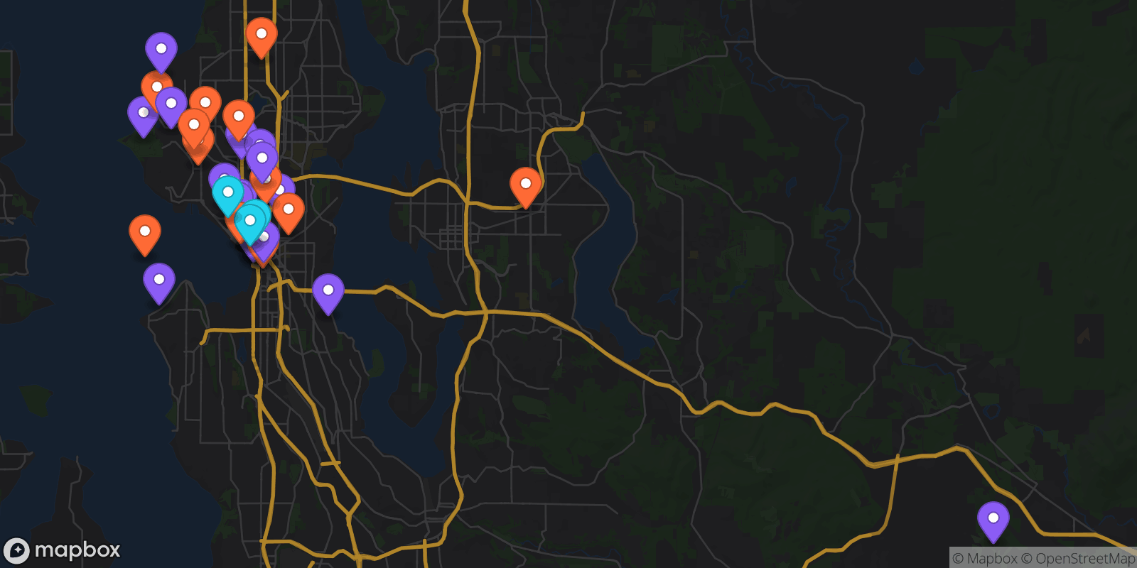 Map showing 43 locations