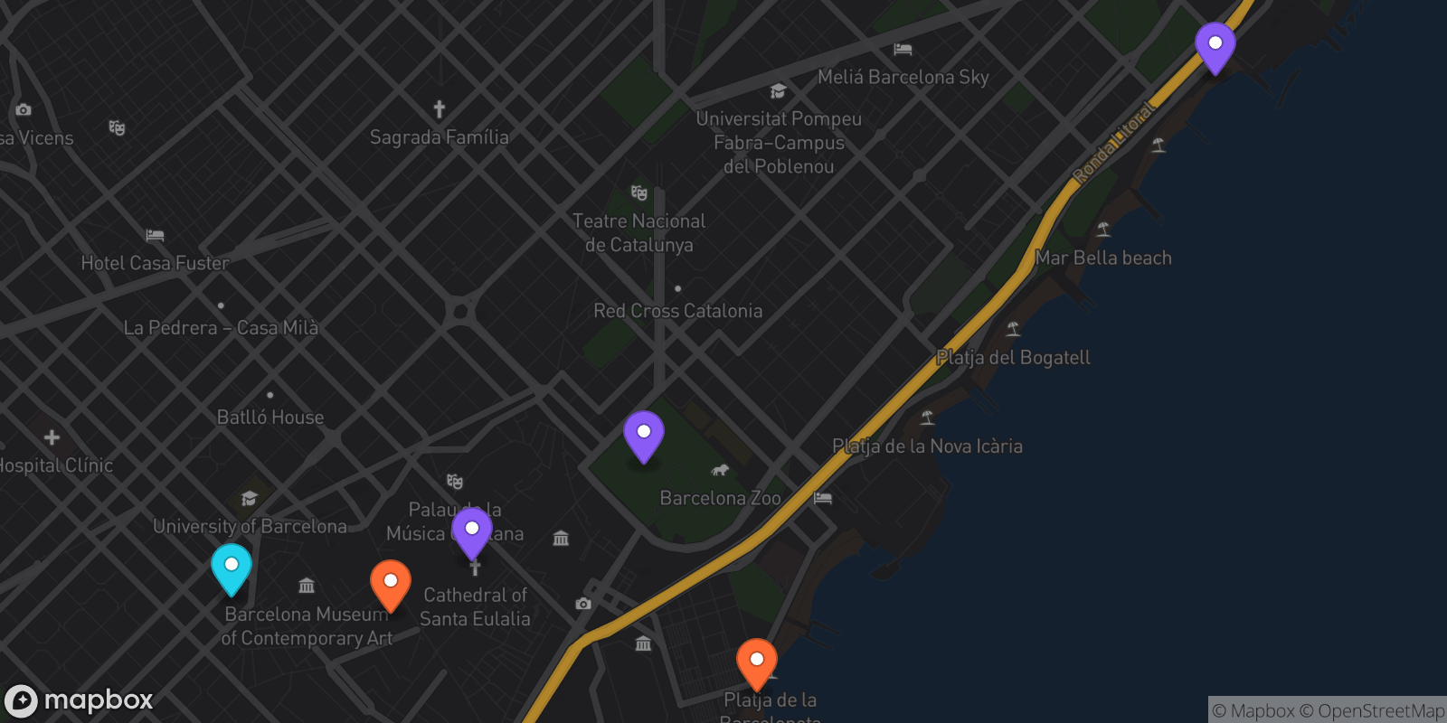 Map showing 6 locations