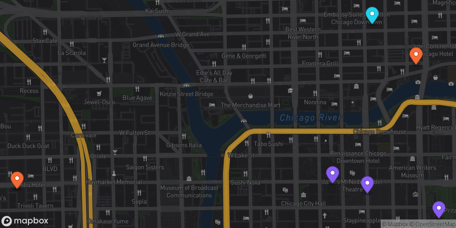 Map showing 6 locations