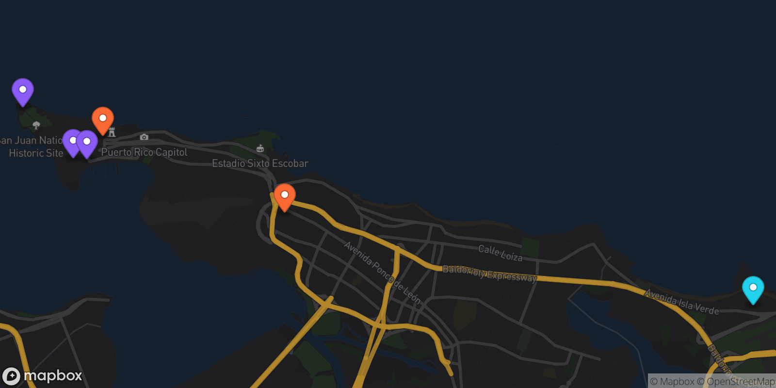 Map showing 6 locations