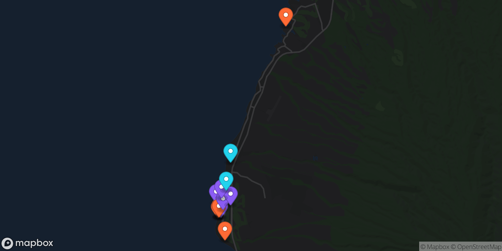 Map showing 13 locations