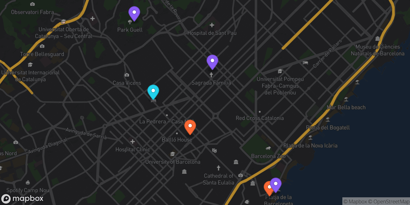 Map showing 6 locations