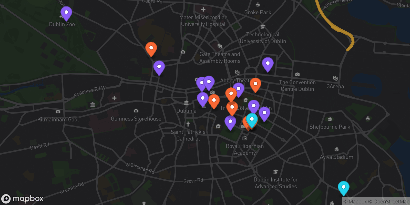 Map showing 21 locations