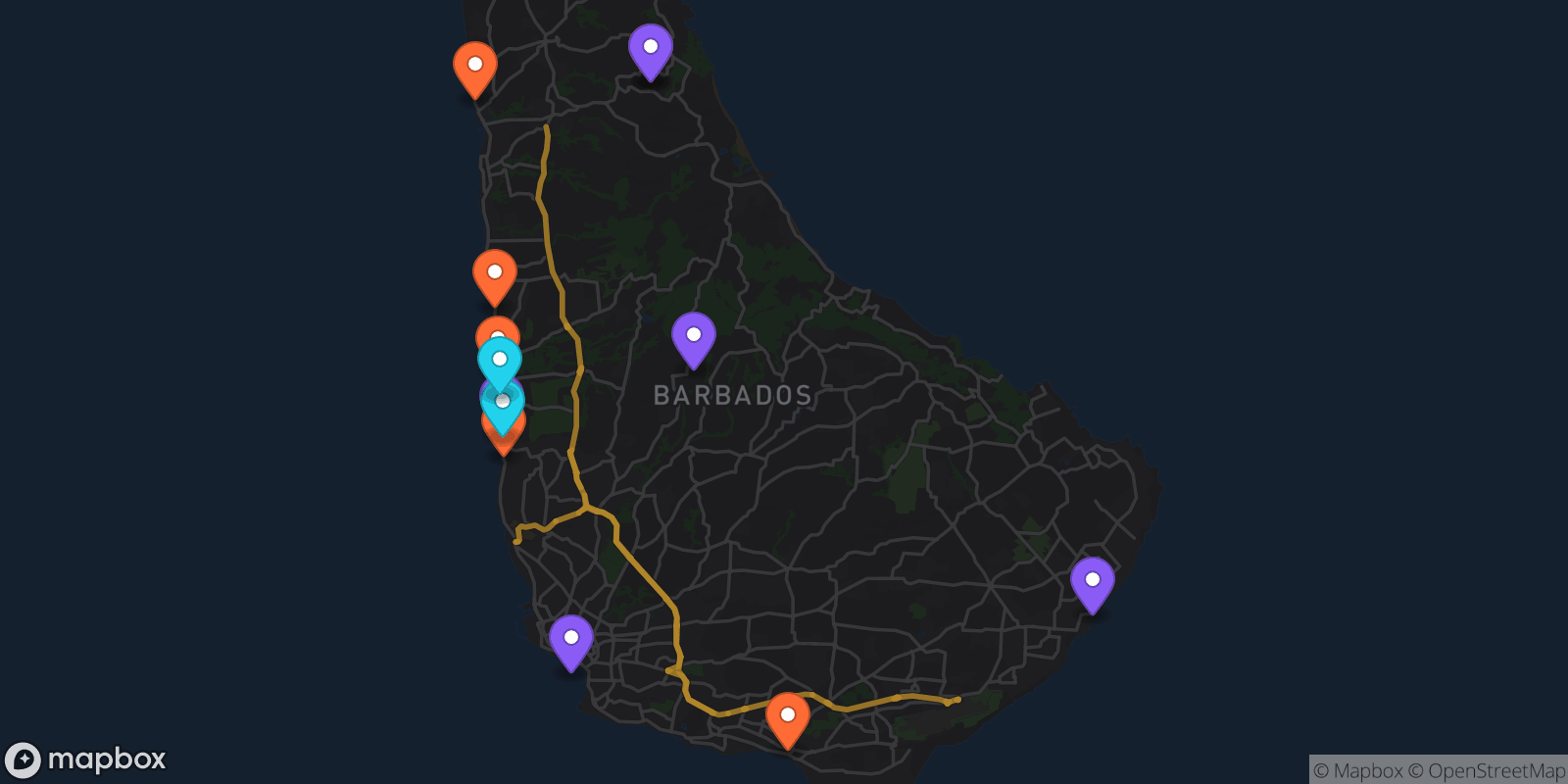 Map showing 13 locations