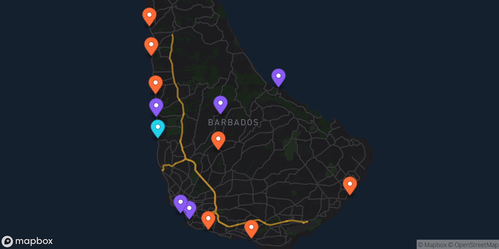 Map showing 13 locations