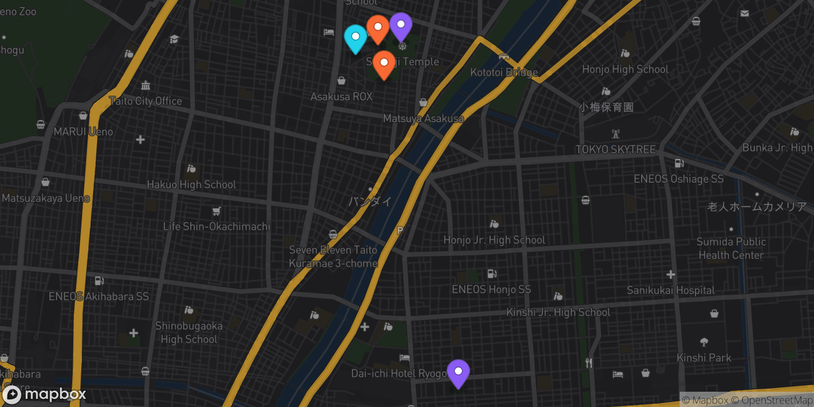 Map showing 5 locations