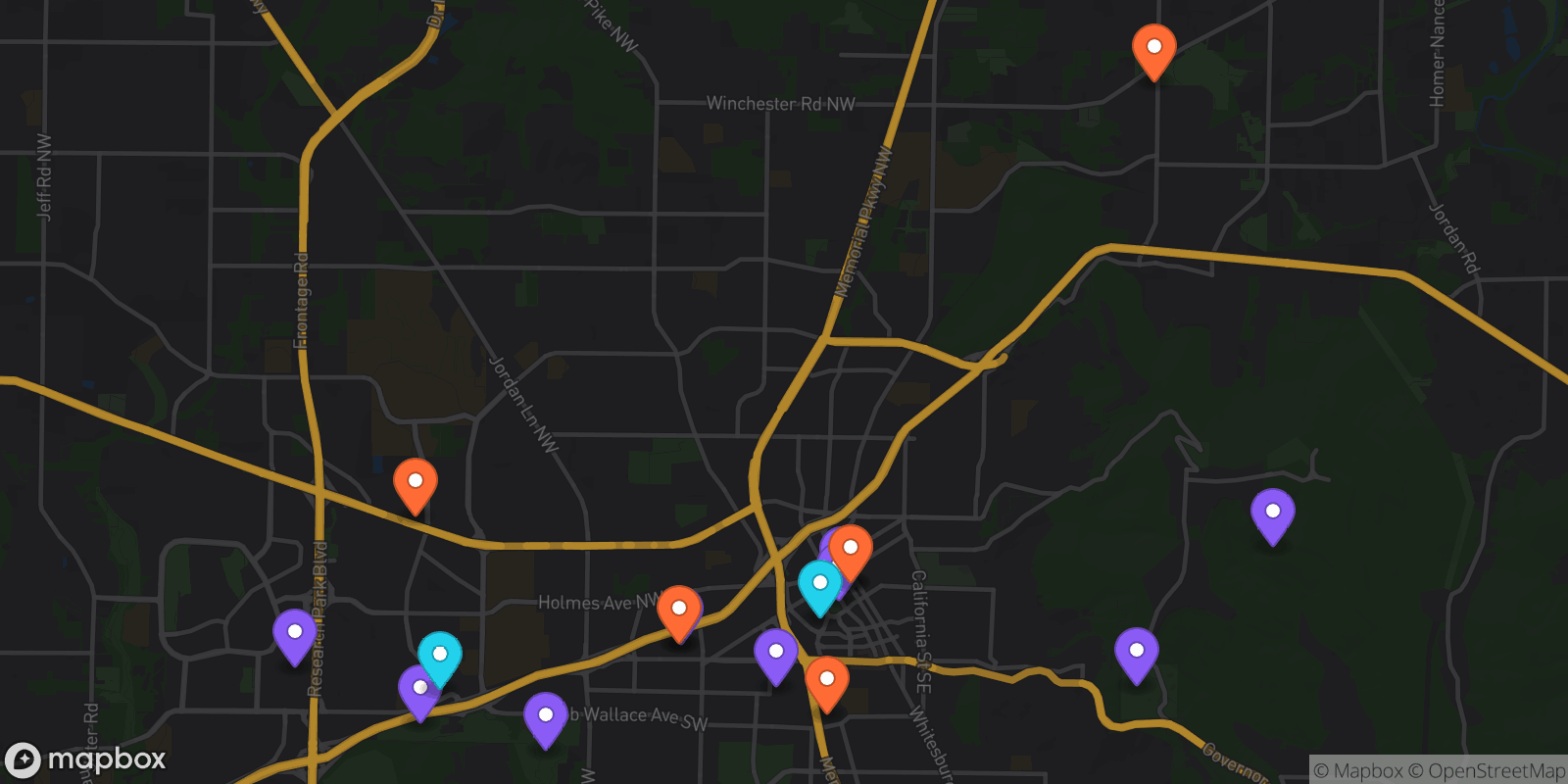 Map showing 17 locations